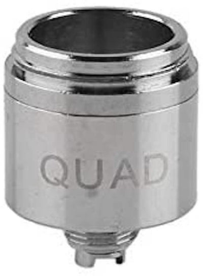 Yocan Evolve Plus XL coil with cap fitted, alongside top views of the four heating rods unheated and glowing.