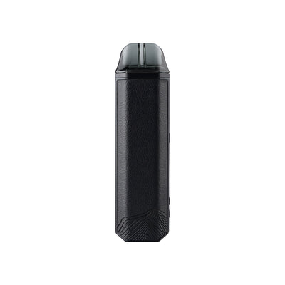 Black XVAPE Aria+ dry herb vaporizer with textured side panel and glass mouthpiece.