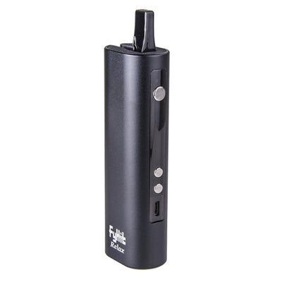 Black Herbstick Relax Fyhit vaporizer with mouthpiece extended, showing the display, buttons and Micro-USB port.